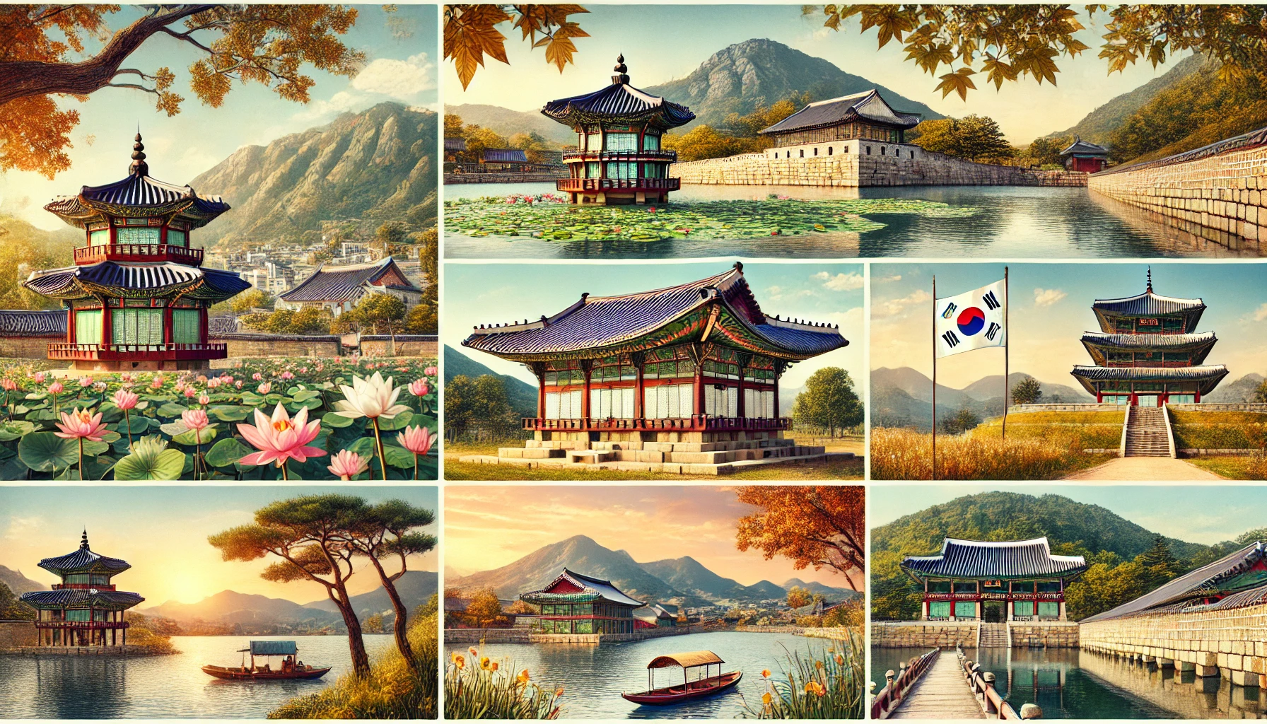 공주 궁남지 연꽃, 공산성 성벽, 백제문화단지 궁궐, 마곡사 자연 풍경, 송산리 고분군, 계룡산 단풍, 공주 산성시장