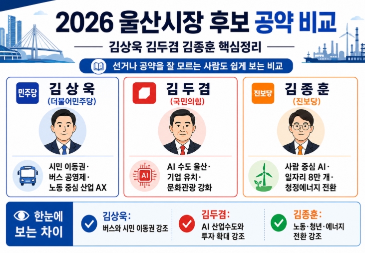 2026 울산시장 후보 공약 비교 김상욱 김두겸 김종훈 핵심정리