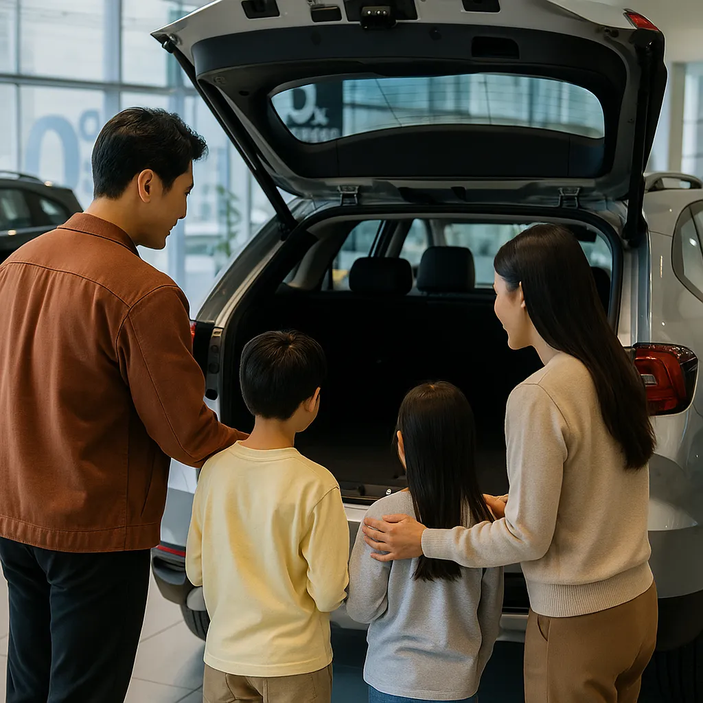 하이브리드 SUV 트렁크를 살펴보는 가족의 뒷모습