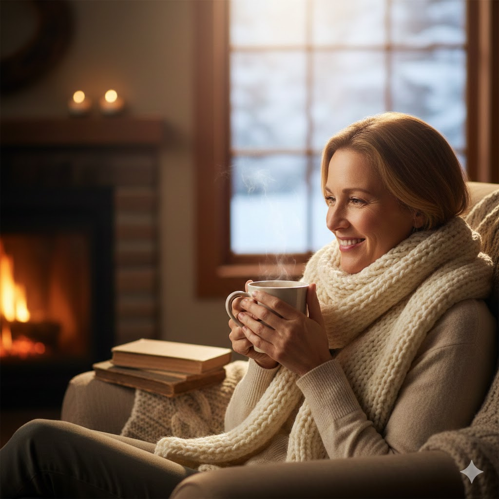 따뜻한 목도리를 두르고 차 한 잔을 마시며 여유를 즐기는 모습