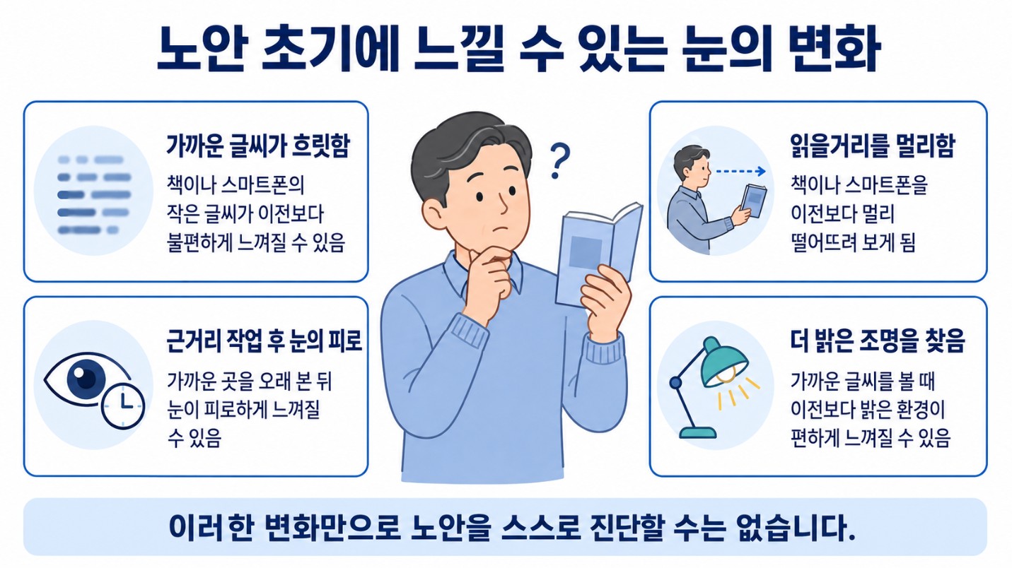 (노안 초기에 가까운 글씨가 흐리고 읽을거리를 멀리하며 눈의 피로를 느낄 수 있는 변화