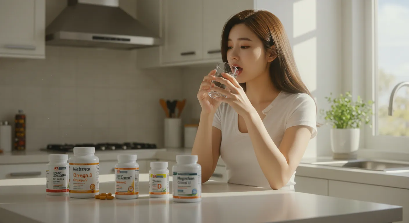30대 직장인이 아침에 영양제를 물과 함께 복용하는 장면