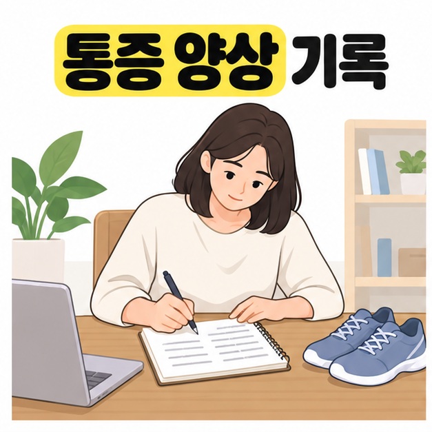 통증 양상 기록 문구 아래 운동화가 놓인 책상에서 수첩에 증상을 적는 여성