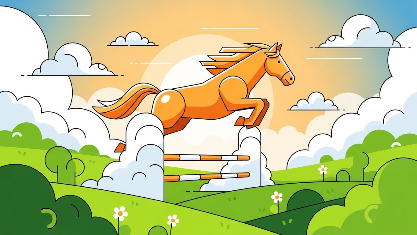 월요일의 장애물을 돌파하기 위해 역동적인 에너지로 준비하는 말띠의 활기찬 행운을 표현한 그래픽