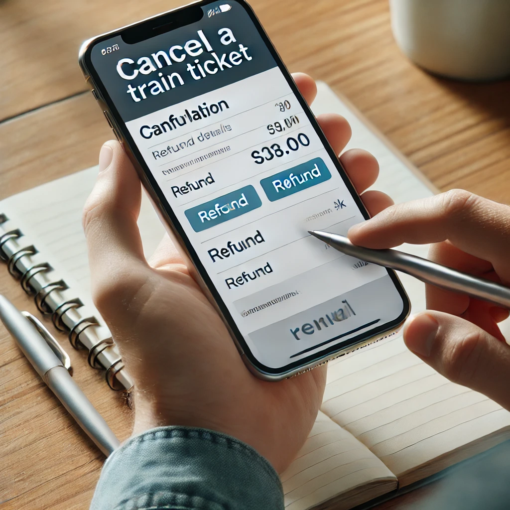 스마트폰 앱에서 기차표를 취소하는 모습