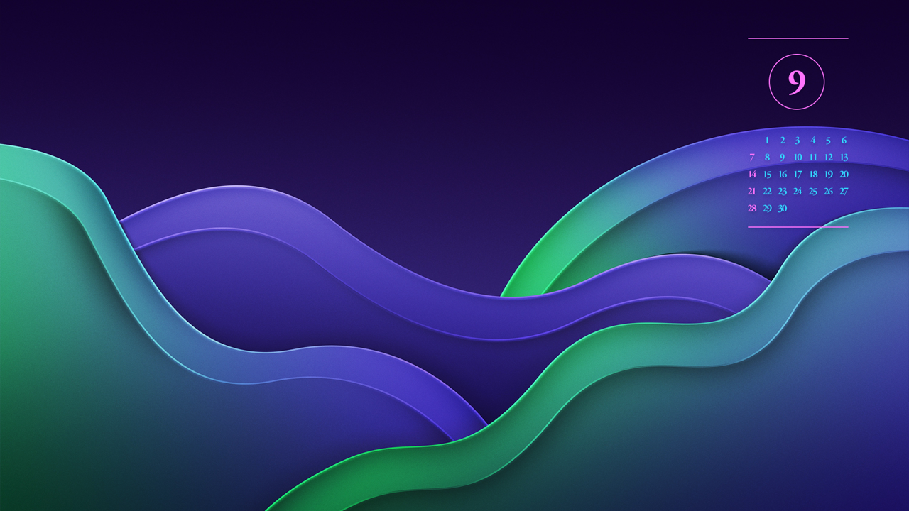 12 보라색과 연두색 웨이브 A - 2025년9월 노트북배경화면