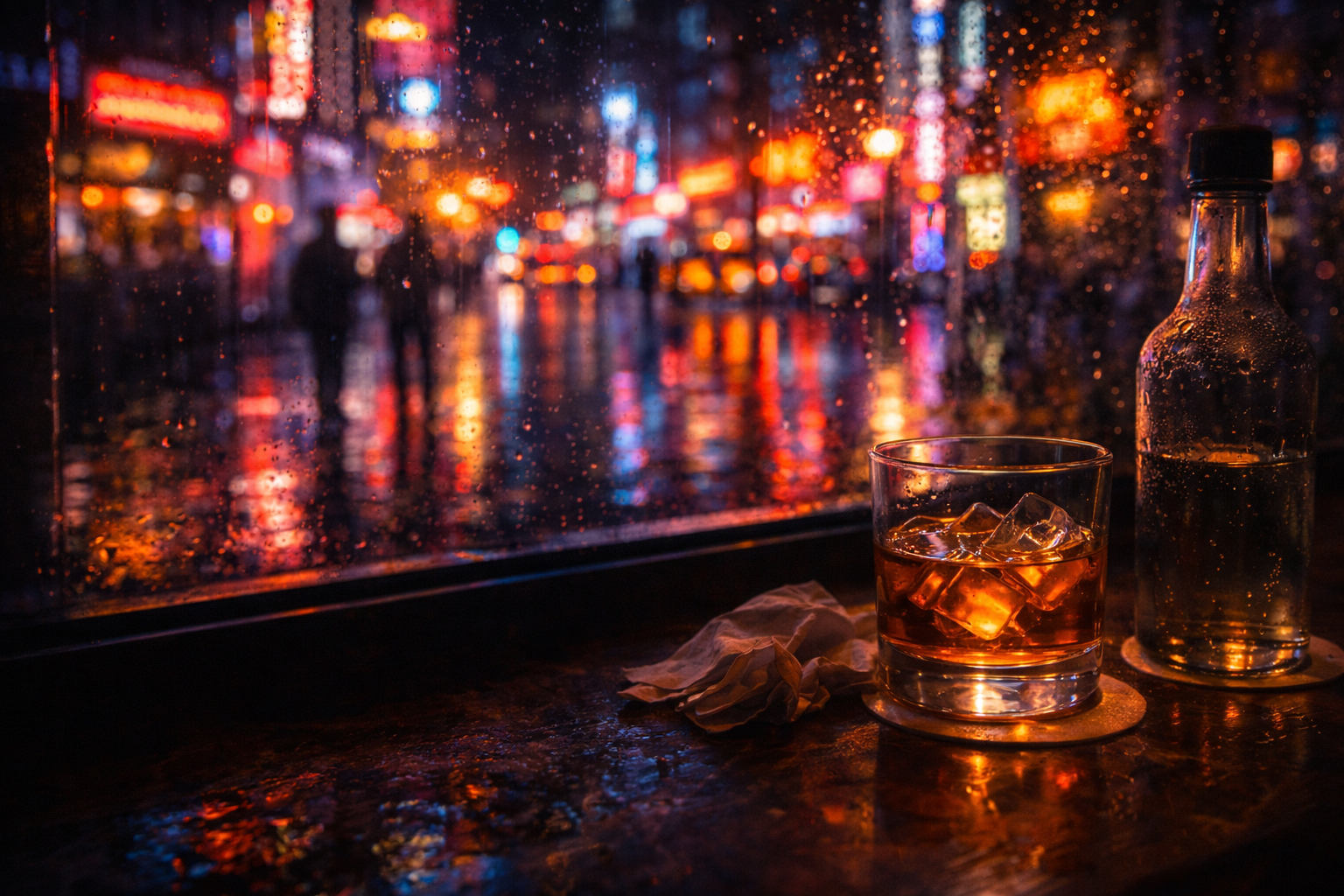 네온 아래 술잔이 만드는 도시 사진의 서정과 긴장 이미지