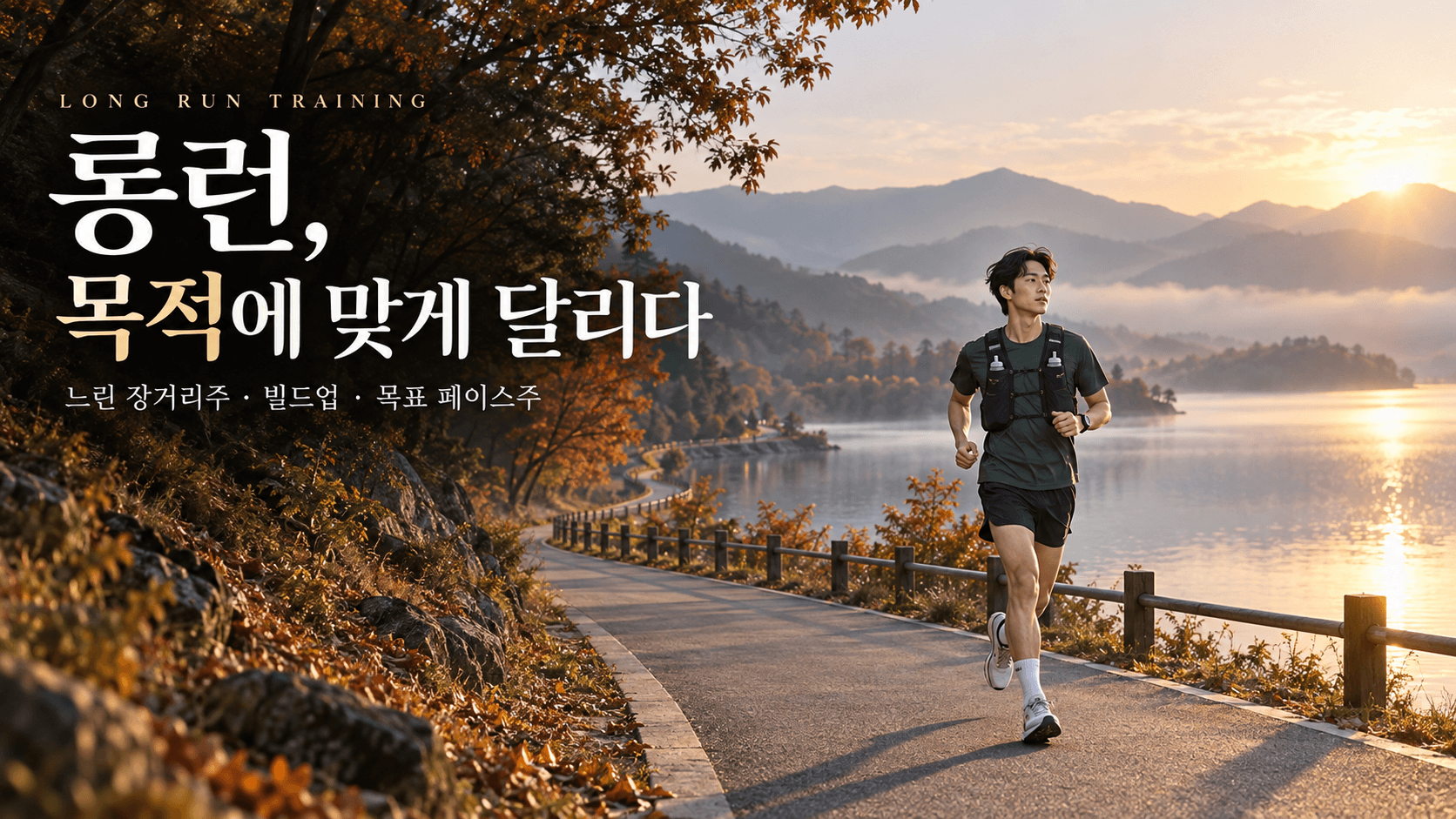 물병을 넣은 러닝조끼를 착용하고 가을 호숫가 길을 달리는 러너와 &lsquo;롱런, 목적에 맞게 달리다&rsquo;라는 제목, 느린 장거리주&middot;빌드업&middot;목표 페이스주 문구가 담긴 이미지