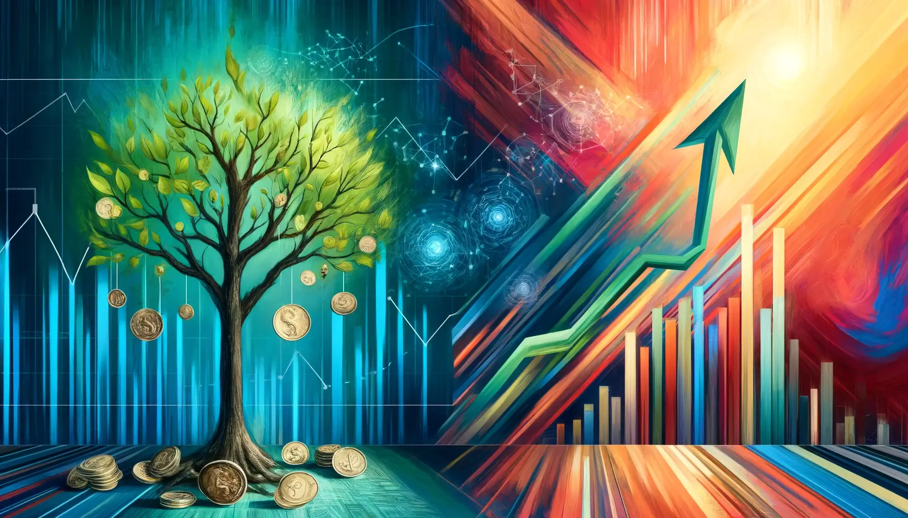 왼쪽에는 나무에서 돈이 열리고 있고 열린 돈이 떨어지고 있는 모습이고 오른쪽에는 그래프로 화살표가 올라가고 있는 모습이다 성장주와 배당주를 그림으로 표현한 의미가 담겨있다.