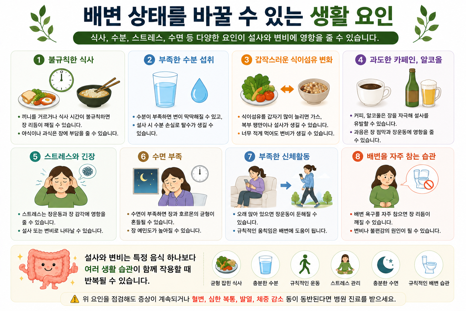 식사&middot;수분&middot;카페인&middot;스트레스&middot;수면&middot;활동&middot;배변 참기의 생활 요인 그림