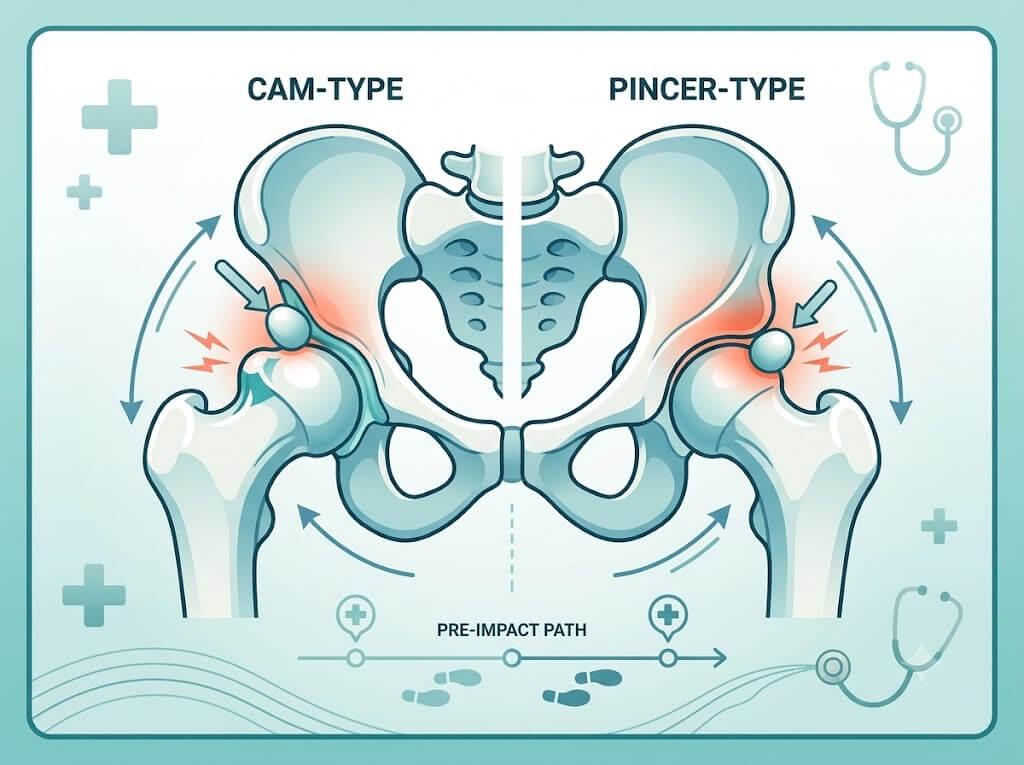 대퇴비구충돌증후군의 Cam형과 Pincer형을 비교한 인포그래픽