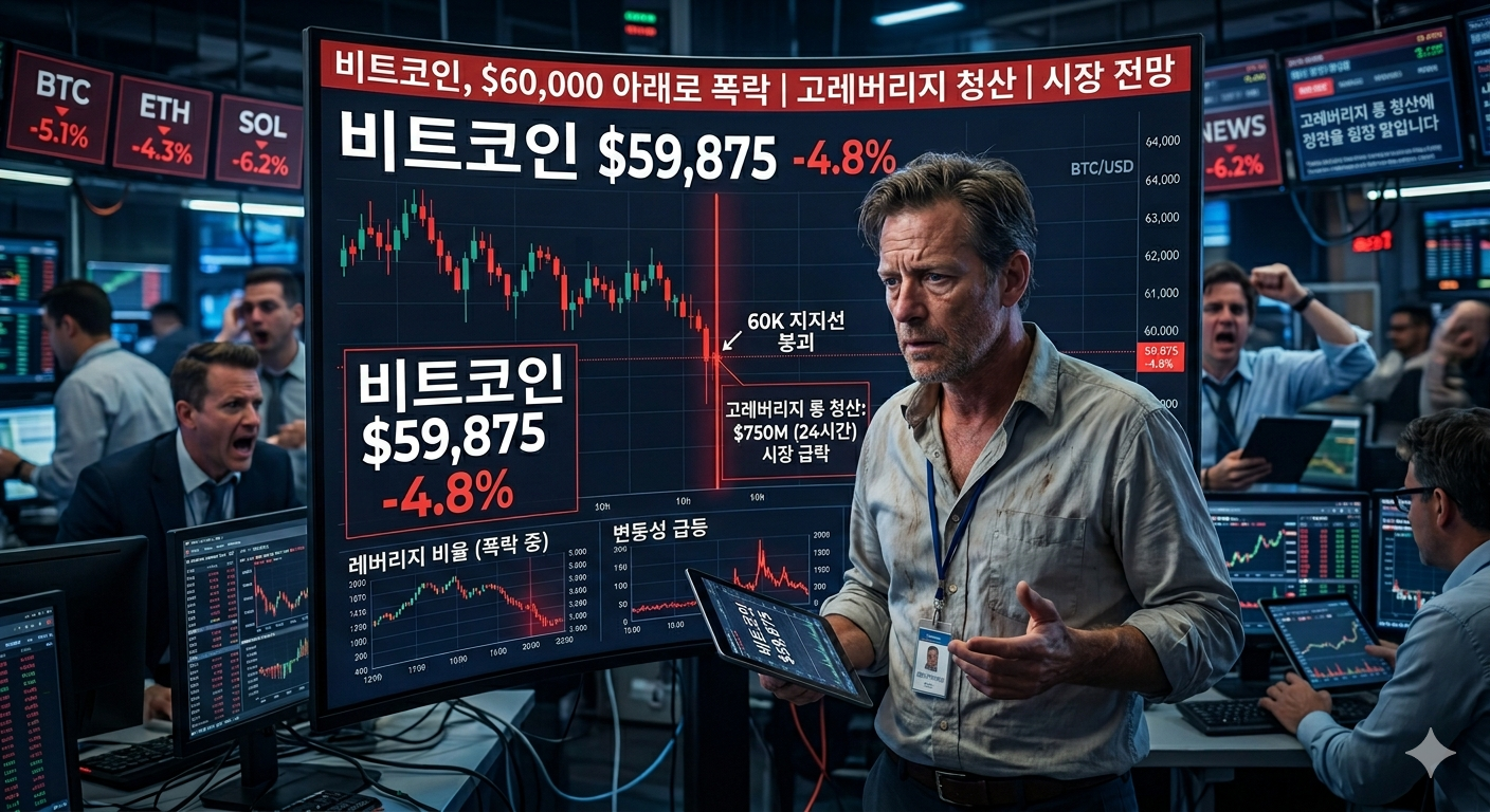 비트코인이 6만 달러 아래인 59,875달러로 폭락하며 60K 지지선이 붕괴된 거래소 화면을 배경으로, 심각한 표정을 짓고 있는 남성과 고레버리지 롱 포지션 연쇄 청산으로 패닉에 빠진 트레이더들의 모습을 표현한 이미지.