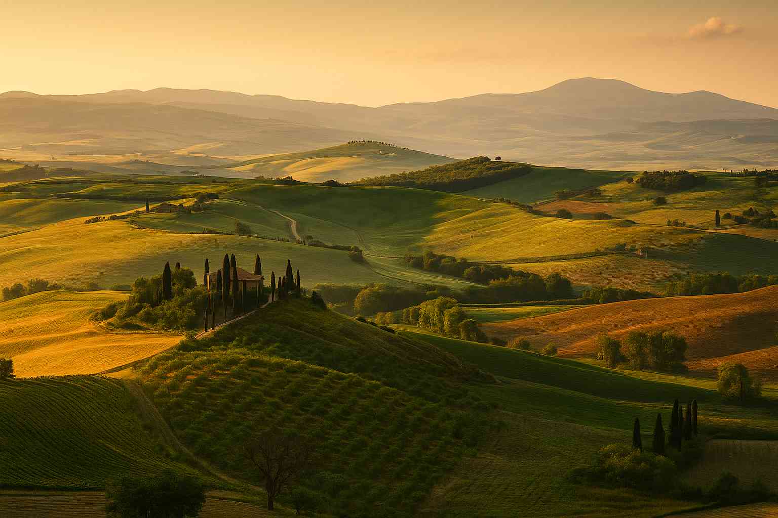 토스카나 오르차 밸리의 구불구불한 언덕과 사이프러스 나무, 석양빛으로 물든 전경