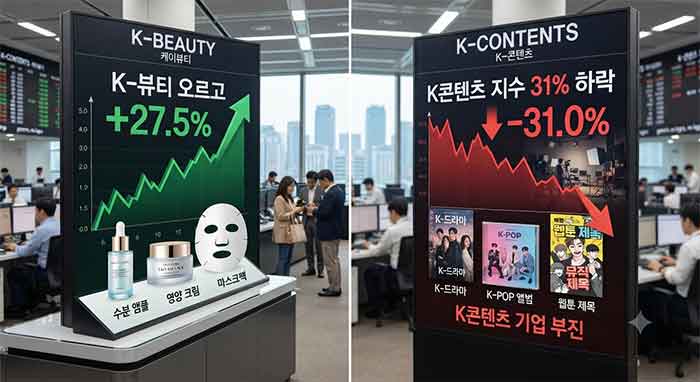 K-뷰티 상승과 K-콘텐츠 하락을 대비시킨 전광판 화면.