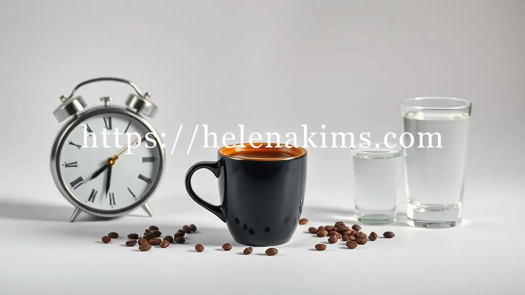 깔끔한 배경 위에 따뜻한 블랙 커피 한 잔이 놓여있고, 그 주위로 커피 섭취 시간을 의미하는 세련된 아날로그 시계, 하루 섭취량 조절을 암시하는 간결한 달력 아이콘, 그리고 충분한 수분 섭취를 상징하는 깨끗한 물 한 잔이 놓여 있는 이미지.