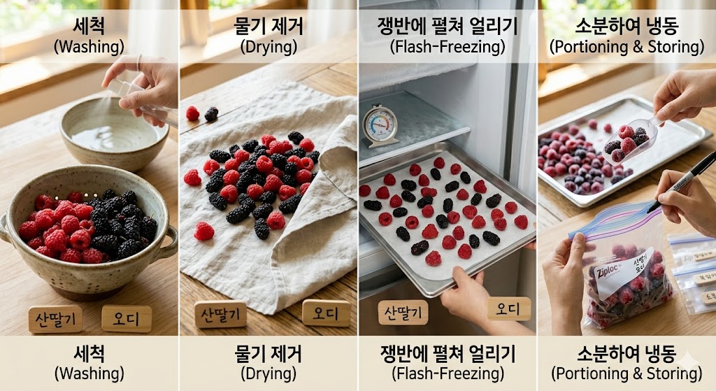 산딸기 오디 세척 물기 제거 소분 냉동 보관 과정