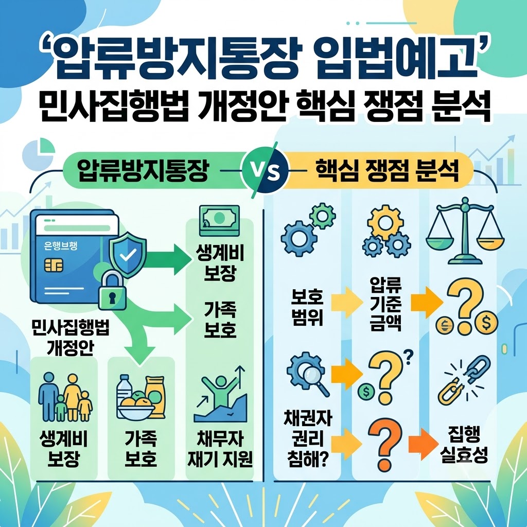 민사집행법 개정안의 압류방지통장 생계비 보장 혜택과 주요 쟁점 분석 내용을 비교 정리한 인포그래픽 이미지
