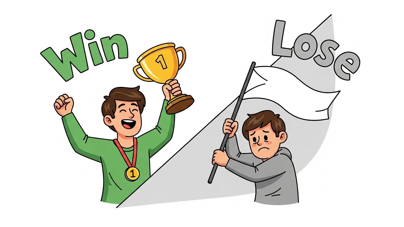 A dynamic illustration representing victory and defeat. On one side, a joyful person holding a trophy with a gold medal (representing 'Win'), and on the other side, a person waving a white flag (representing 'Lose').