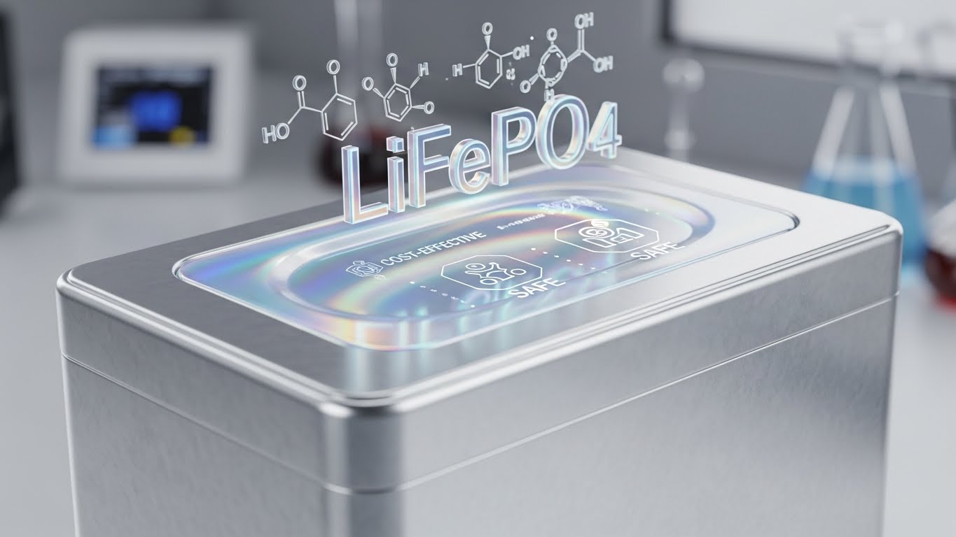 Close-up of a prismatic LFP battery cell with a holographic chemical formula overlay, emphasizing cost-effectiveness and safety, clean laboratory background
