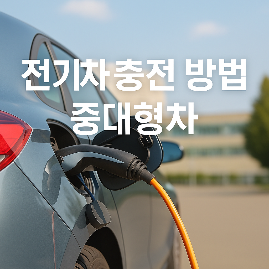 밝은 분위기의 멋진 전기차가 주차된 모습 위에 '중대형 전기차 충전 실전 가이드'라는 텍스트가 배치된 썸네일 이미지