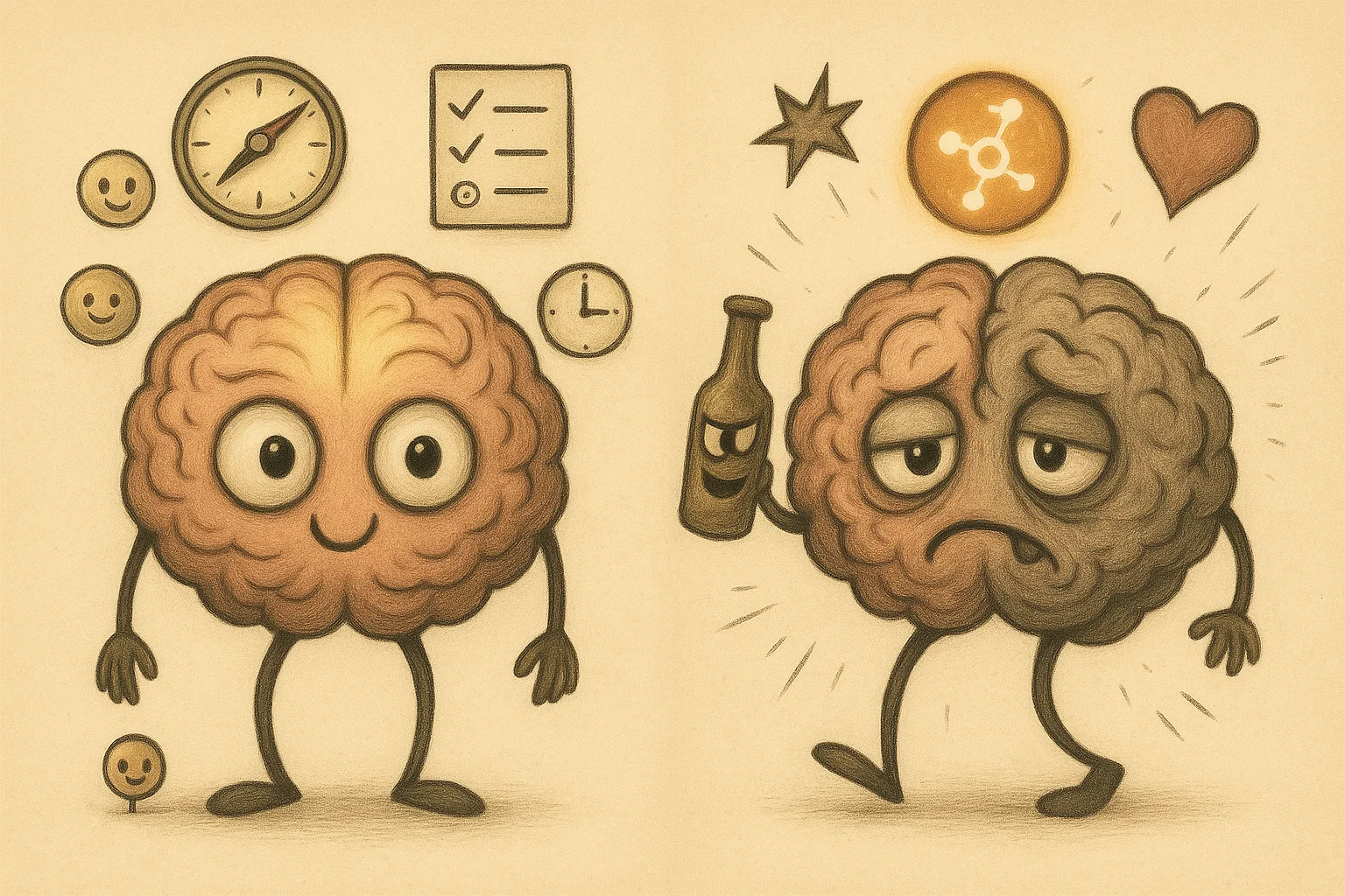 건강한 뇌와 알코올로 인해 변화된 뇌(특히 전전두엽, 보상회로)를 비교하는 이미지 또는 도식