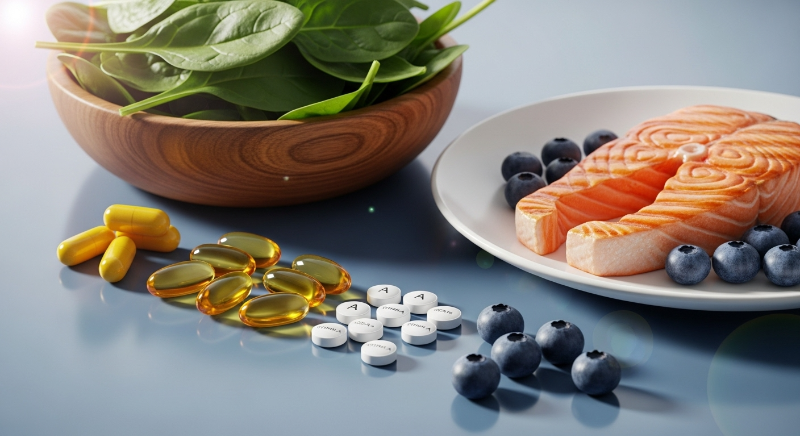 루테인, 오메가-3, 비타민 A 영양제와 함께 시금치, 연어, 블루베리 등 눈 건강 식품이 놓여있는 모습.