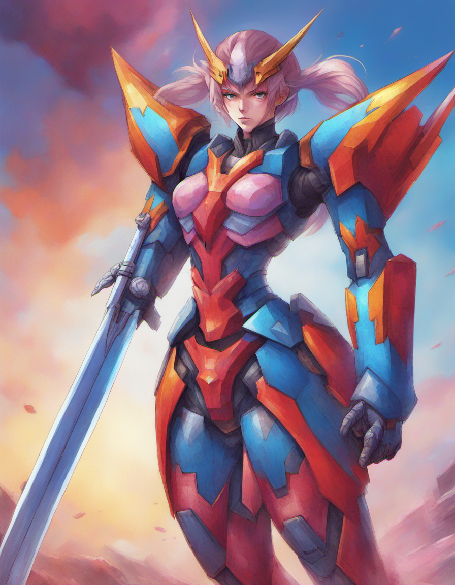 컬러풀한 갑옷을 입고 큰 칼을 가진 여전사