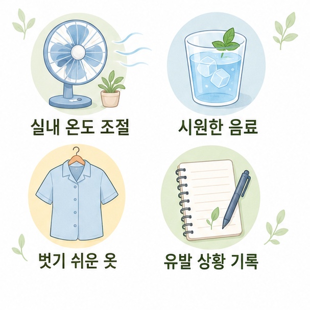 갱년기 열감 관리에 도움이 되는 실내 온도 조절, 시원한 음료, 얇은 옷, 유발 상황 기록을 정리한 이미지
