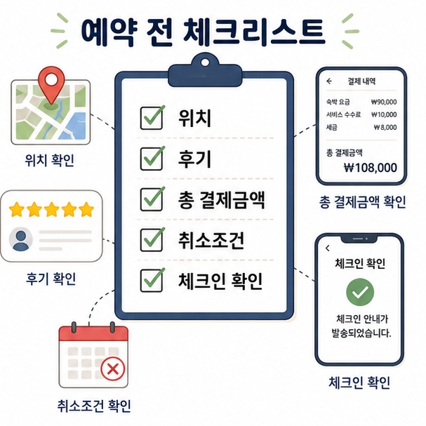 에어비앤비 예약 전 위치와 후기, 총 결제금액, 취소조건과 체크인 방법을 확인하는 과정을 안내한 이미지