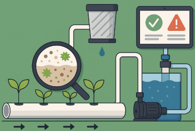 수경재배 배관 내부에서 이물질과 조류를 확인하는 개념도 형태의 일러스트로, 필터, 펌프, 양액통, 모니터링 화면이 연결된 구조가 표현된 그림