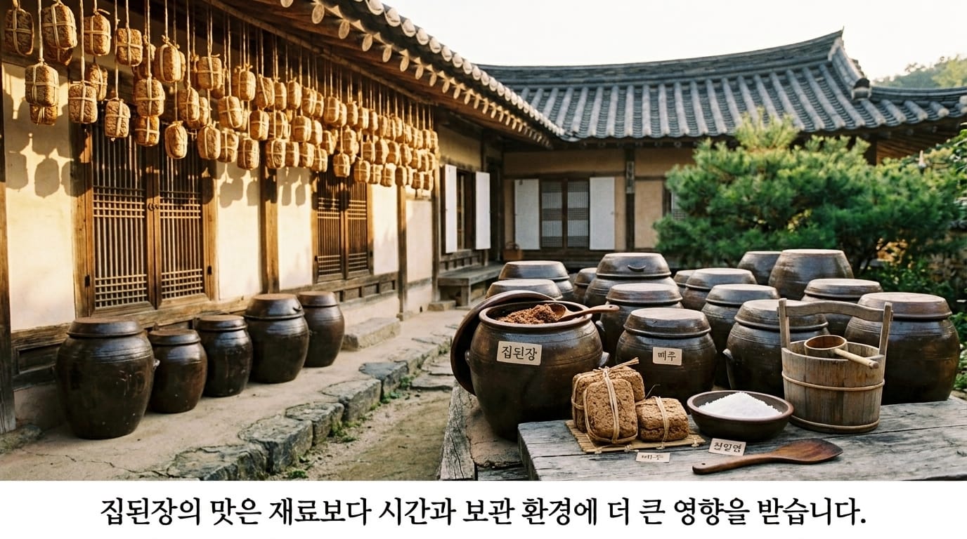 장독대와 옹기 항아리 안의 집된장을 보여주는 이미지