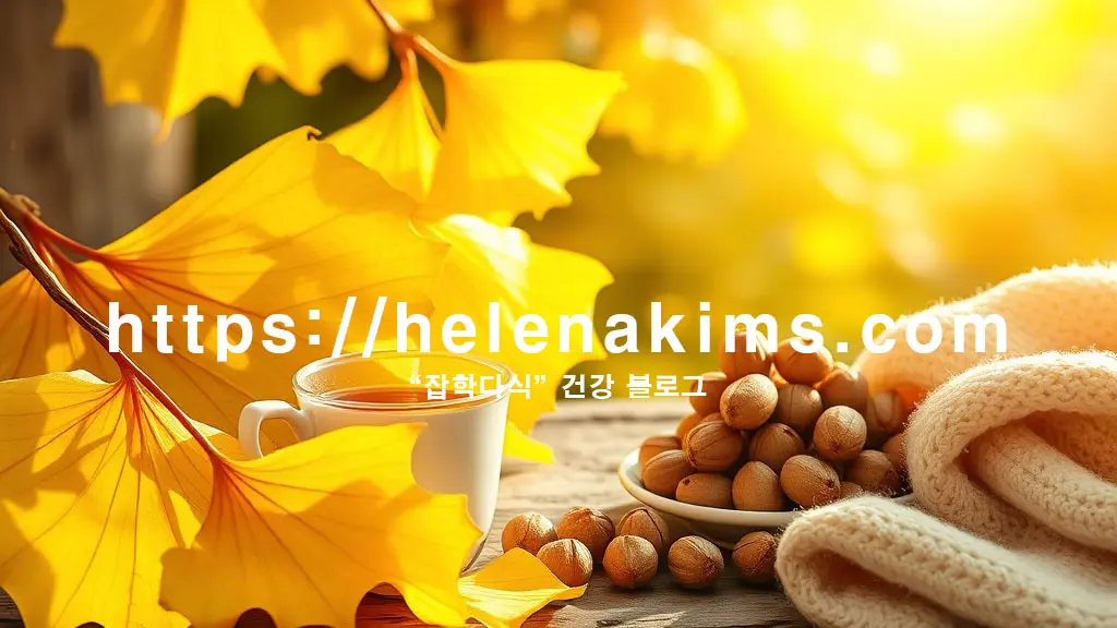 가을 햇살 아래 노랗게 물든 은행잎과 함께, 따뜻한 우드 테이블 위에 놓인 먹음직스러운 구운 은행 알맹이들. 옆에는 찻잔과 아늑한 니트 소재가 살짝 보이도록 배치하여 포근하고 건강한 가을 분위기 모습.
