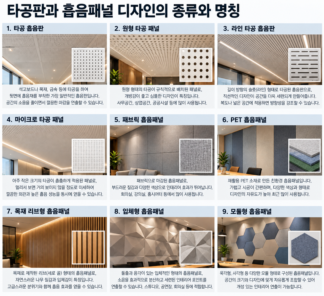 타공판과 흡음패널 디자인의 종류와 명칭