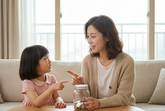 아이와 마주 앉아 저금통 이야기를 나누는 모습