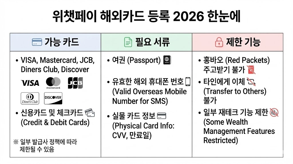 위챗페이 해외카드 등록 2026: 가능 카드/필요 서류/제한 기능 한눈에(수수료·한도 표)