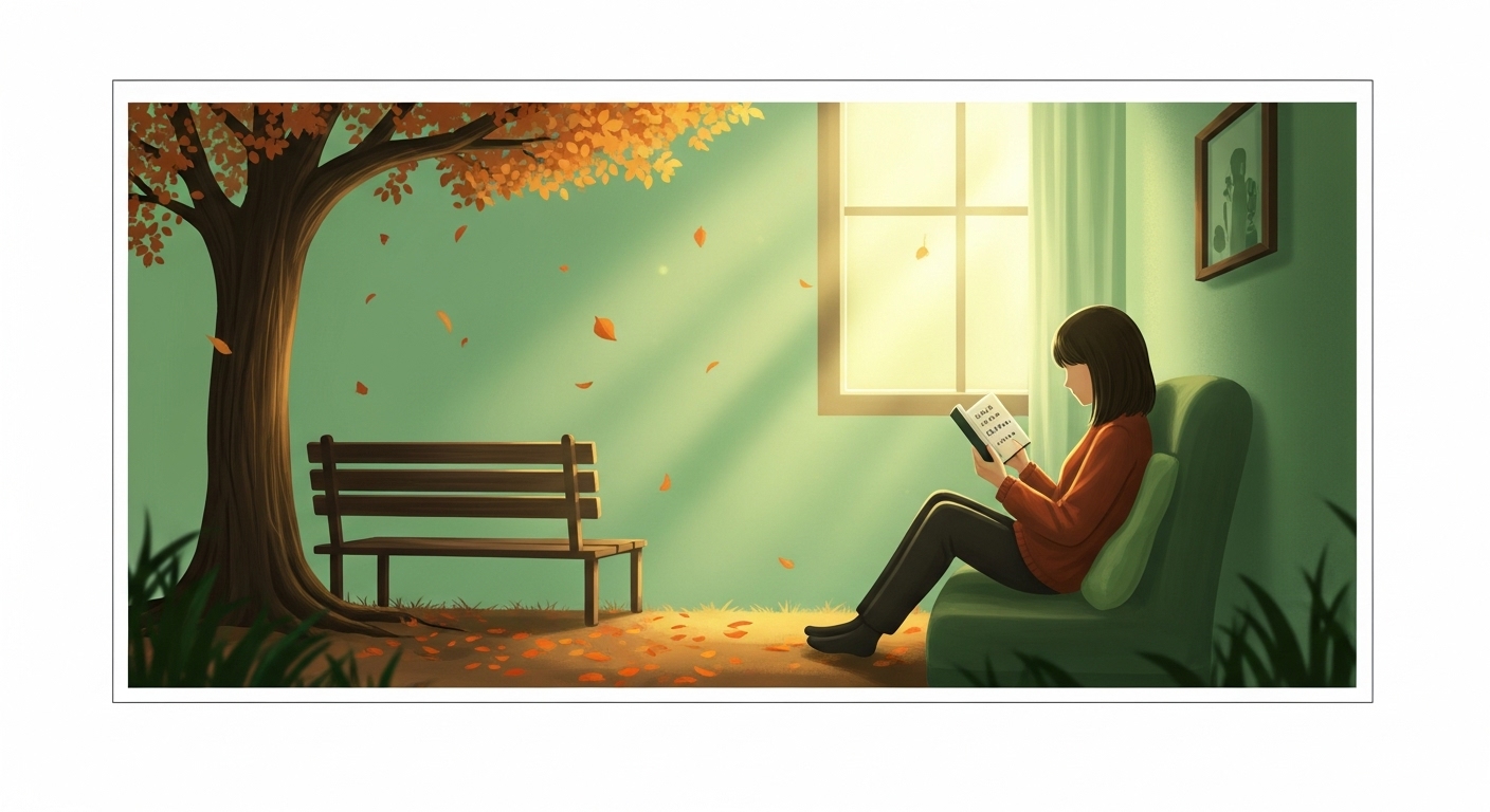 따뜻한 햇살 아래 편안히 앉아 시집을 읽으며 위로받는 사람의 모습