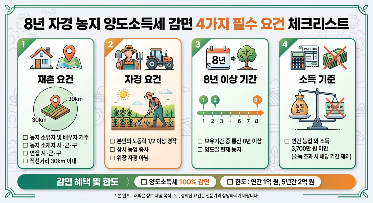 8년 자경농지 양도소득세 감면 체크리스티 인포그래픽