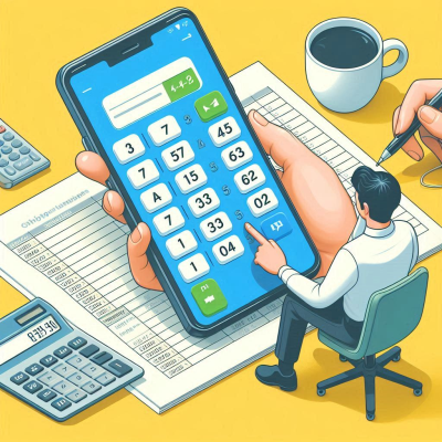 계산기와 종이 위에 앉아 있는 사람이 계산을 하는 모습.