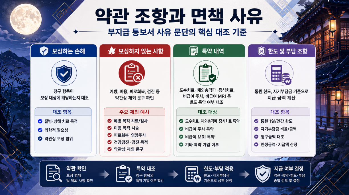지급 거절 문구 유형을 약관상 보장 대상 아님, 치료 목적 확인 불가, 병명 확인 불가, 비급여 항목 보장 제한으로 정리한 인포그래픽