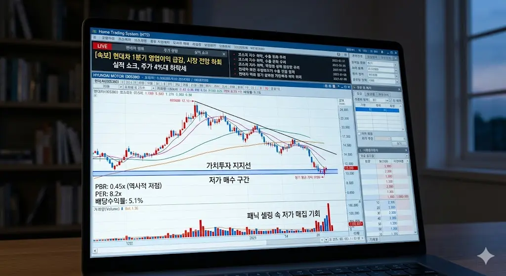 하락장을 나타내는 주식 차트나 현대자동차 차량 전시장의 사진