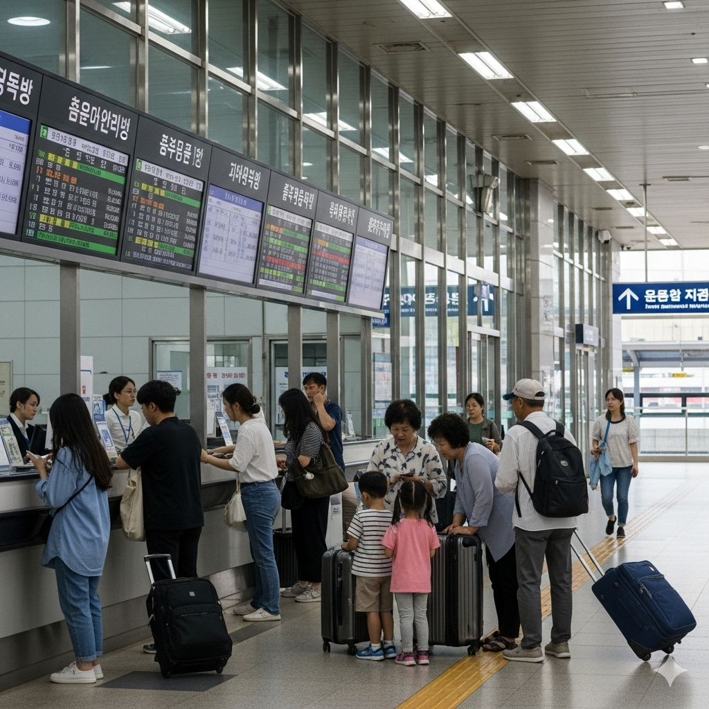 기차역에서 열차표를 예매하는 승객 이미지