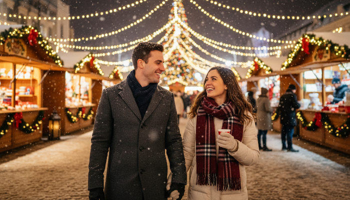 따뜻한 조명으로 빛나는 크리스마스 마켓에서 환하게 웃으며 손을 잡고 걷는 20대 후반 커플의 로맨틱한 모습. 뒤에는 화려하게 장식된 크리스마스 트리가 보인다.