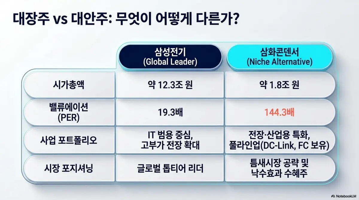 삼화콘덴서 주가 전망: 대장주 삼성전기와 대안주 삼화콘덴서를 비교한 인포그래픽. 시가총액 약 12.3조 대 1.8조, PER 19.3배 대 144.3배, 사업 포트폴리오와 시장 포지셔닝 차이를 통해 후발 수혜주로서 삼화콘덴서의 특성을 시각적으로 설명함