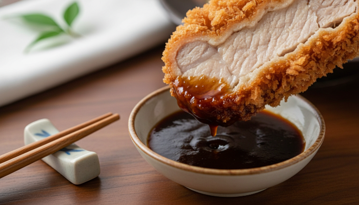 고소한 비계층이 살아있는 특등심 돈까스를 소스에 찍는 근접 촬영 컷