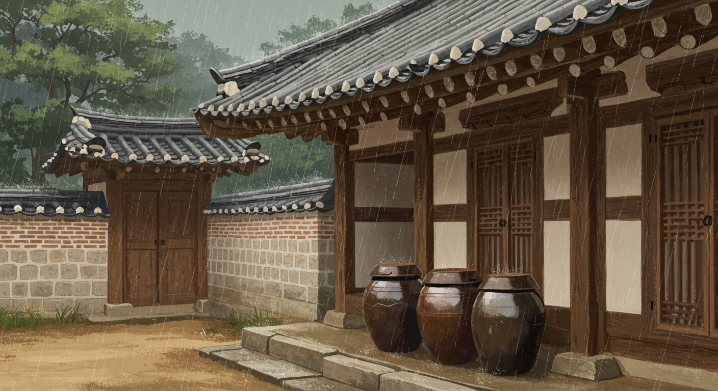 빗방울이 떨어지는 전통 기와지붕과 장독대의 모습