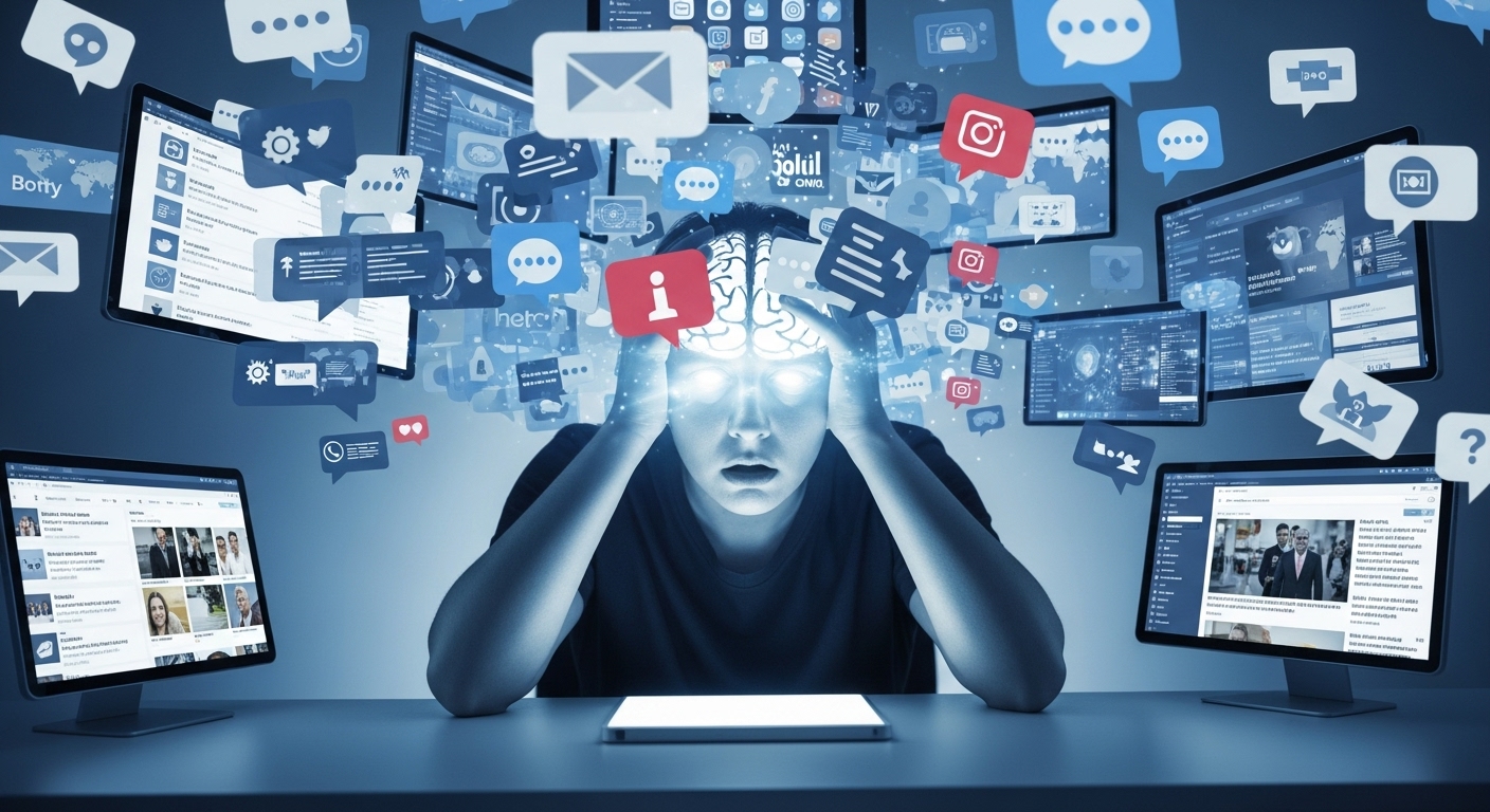 수많은 디지털 알림과 화면에 압도되어 지쳐 보이는 사람의 모습