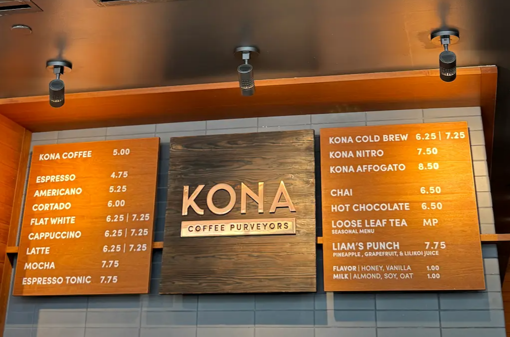 하와이 코나 커피 퍼베이어스 메뉴판