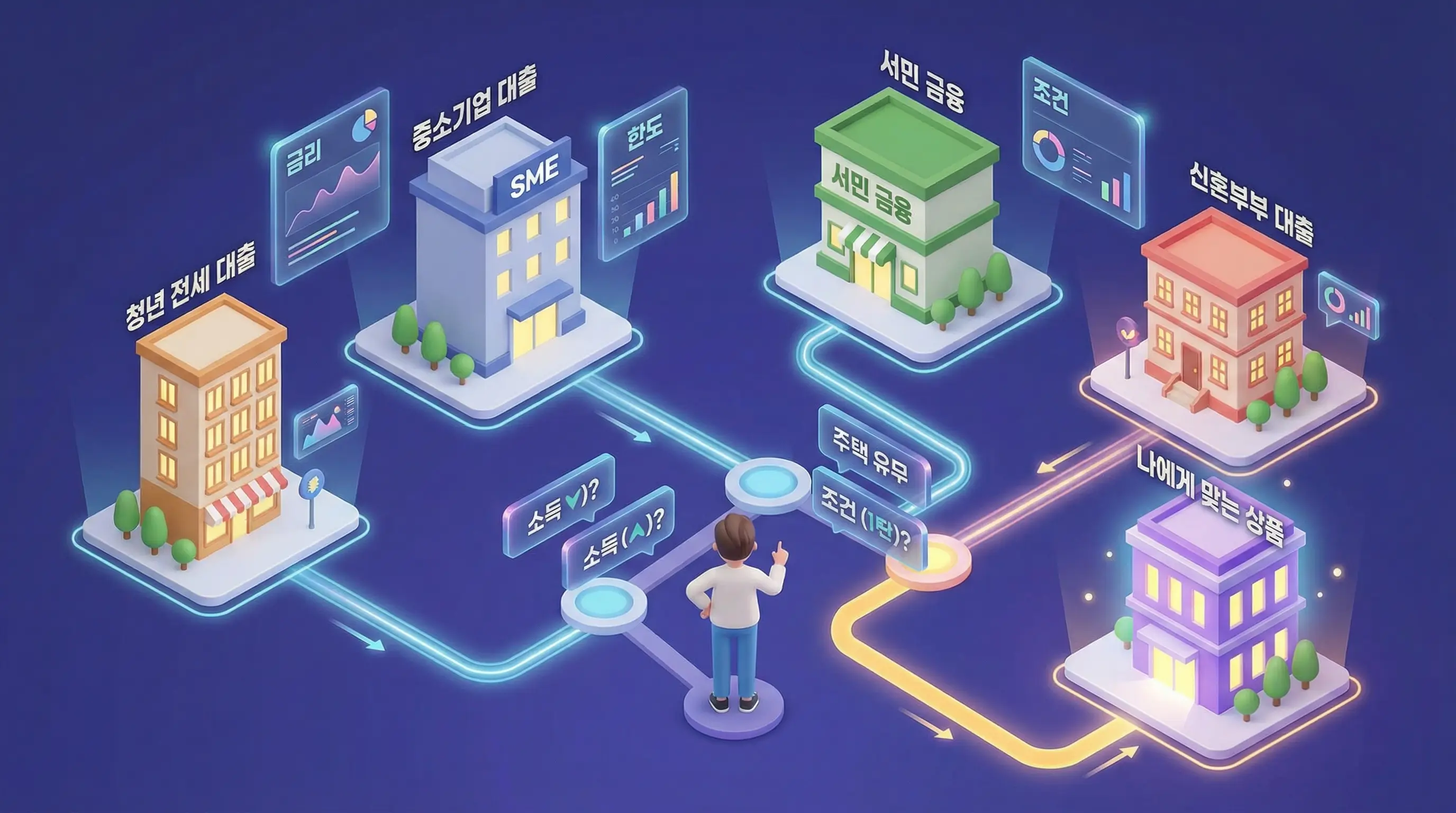 다양한 종류의 정부 지원 대출 상품을 비교하고 나에게 맞는 상품을 선택하는 3D 인포그래픽