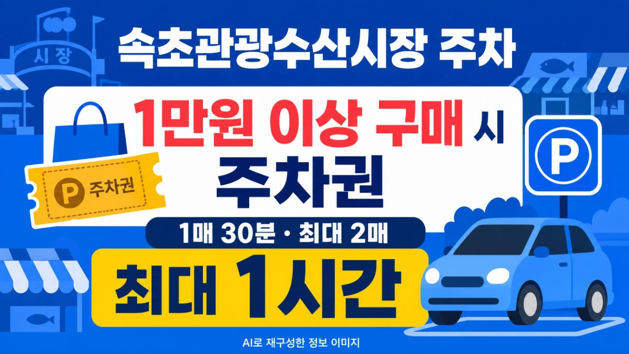 속초관광수산시장 주차 1만원 이상 구매 시 주차권 최대 1시간 안내