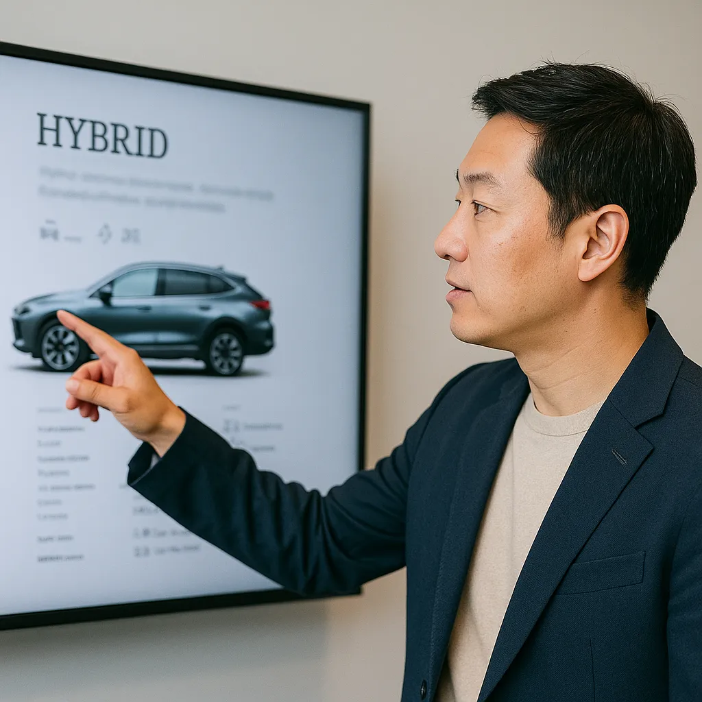 차량 정보를 가리키는 남성의 측면 모습